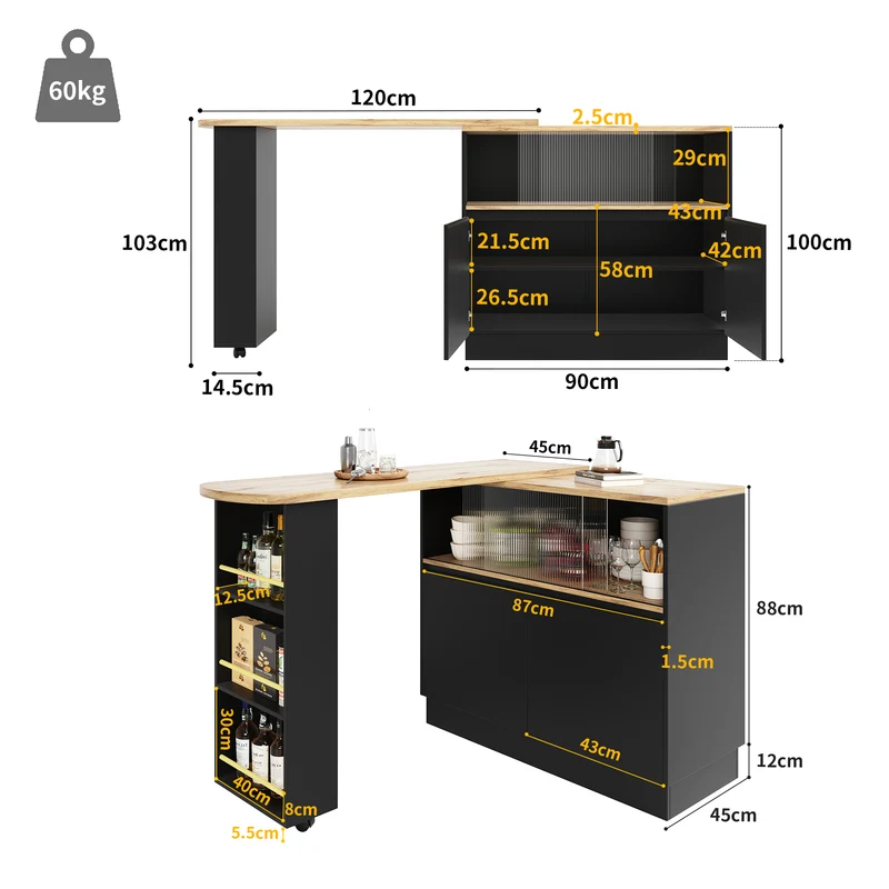 Table de bar effet bois et noir rotatif à 360° rangement avec verre ondulé TINPLATE