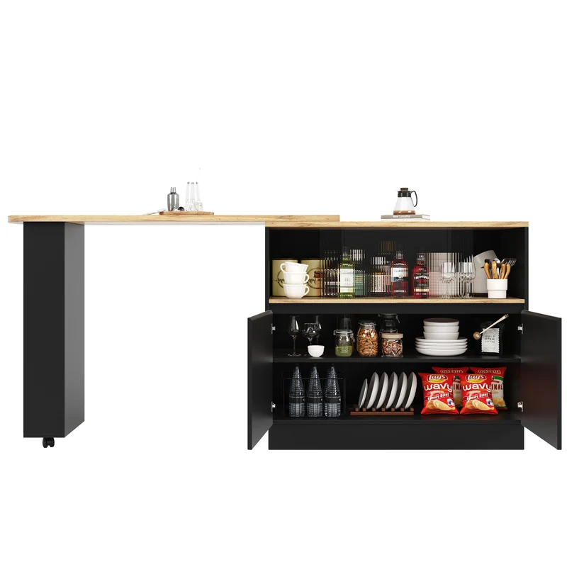 Table de bar effet bois et noir rotatif à 360° rangement avec verre ondulé TINPLATE