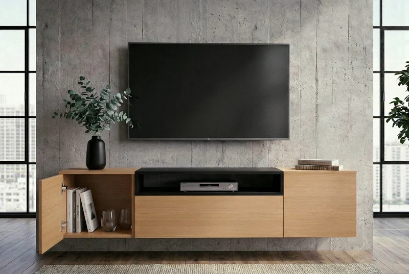 TV-Board suspendu LOFT 160cm naturel noir trois compartiments avec tiroir