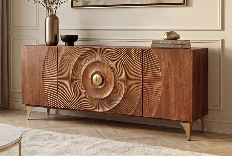 Buffet artisanal GOLDEN SUNSET 180cm marron avec sculptures 3D pieds en métal bois de manguier doré
