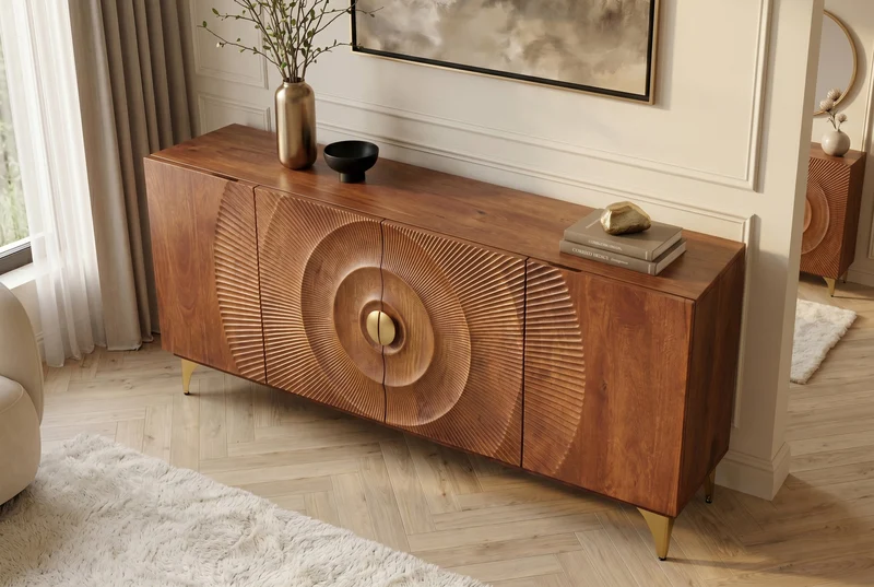 Buffet artisanal GOLDEN SUNSET 180cm marron avec sculptures 3D pieds en métal bois de manguier doré