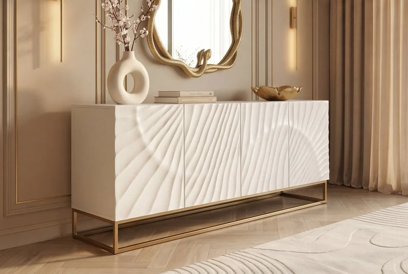 Buffet massif SCORPION 180cm bois de manguier blanc métal doré sculptures 3D