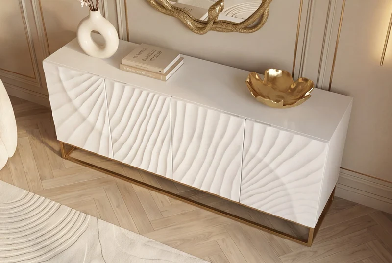 Buffet massif SCORPION 180cm bois de manguier blanc métal doré sculptures 3D