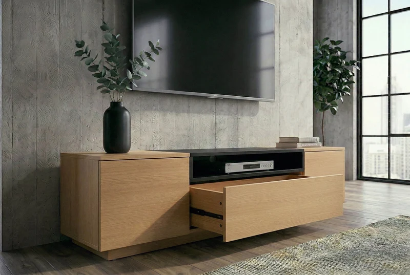 Meuble TV moderne LOFT 160cm noir naturel trois compartiments avec tiroir
