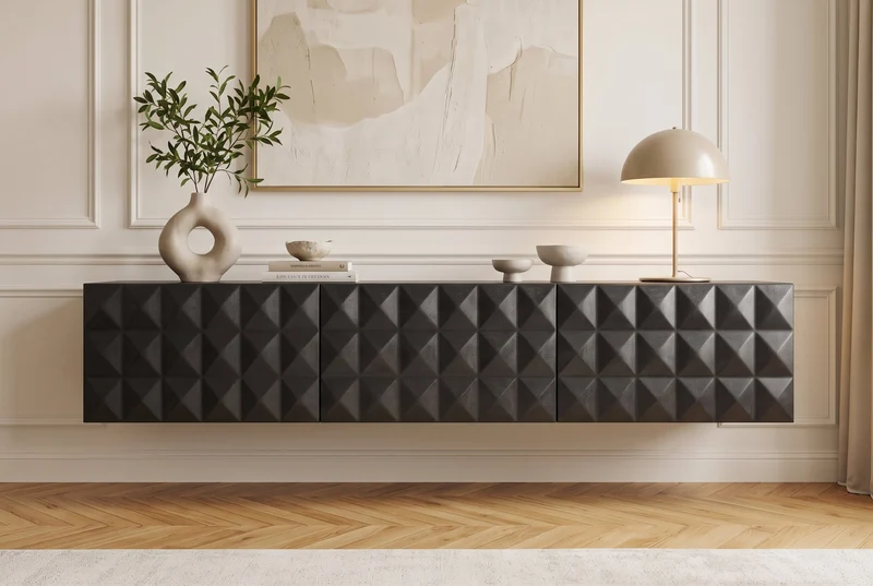 Buffet TV suspendu VULCANO 160cm bois de manguier massif noir