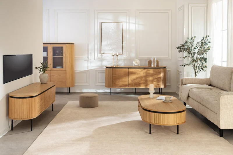 Buffet moderne ATELIER 120cm chêne naturel métal noir quatre compartiments