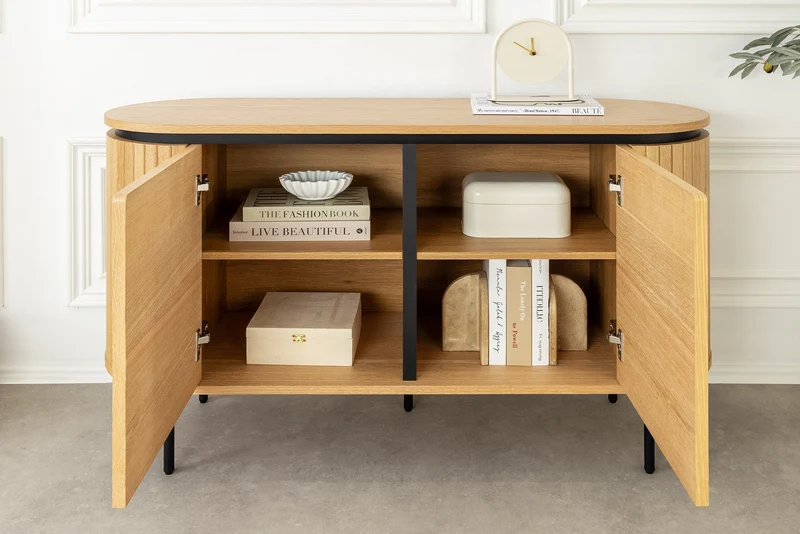 Buffet moderne ATELIER 120cm chêne naturel métal noir quatre compartiments