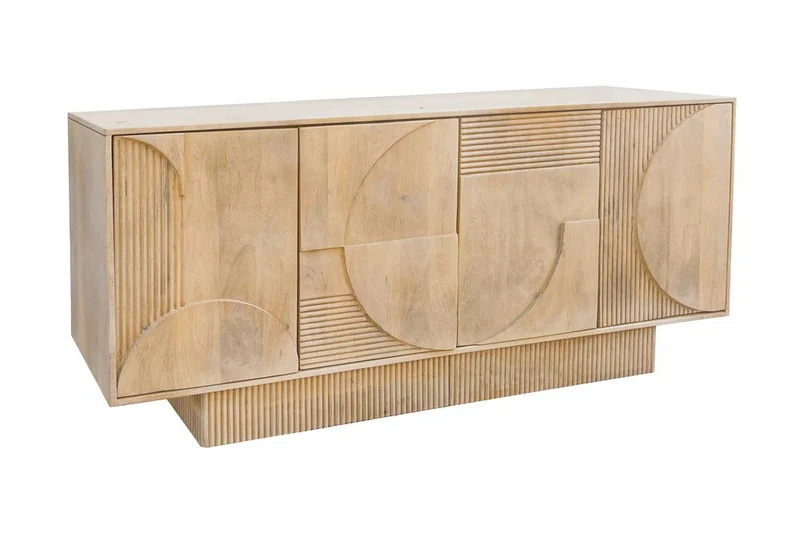 Buffet massif ART DECO 170cm en bois de manguier cérusé blanc façade 3D fait main