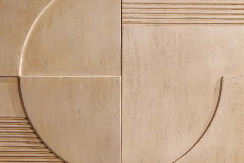 Buffet massif ART DECO 170cm en bois de manguier cérusé blanc façade 3D fait main