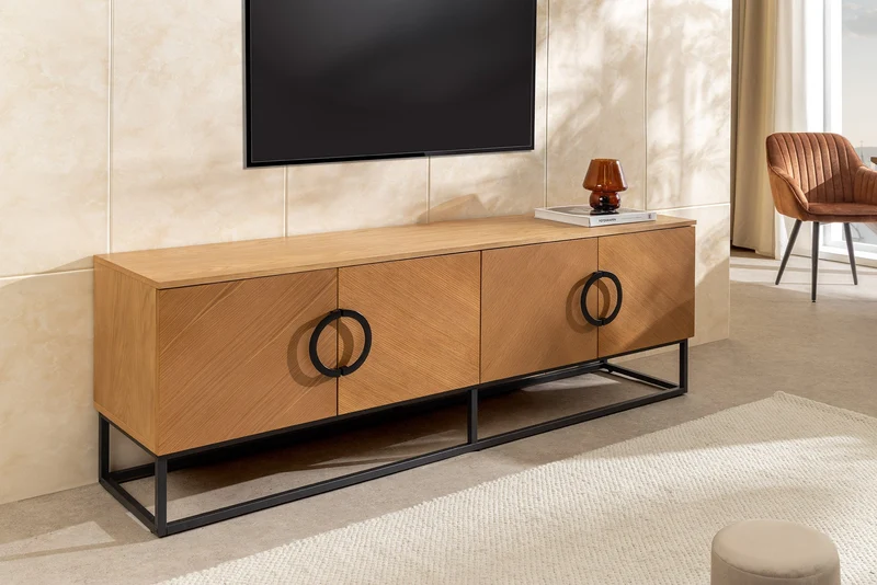 Buffet bas industriel GRANDEZZA 180cm chêne naturel meuble TV métal noir