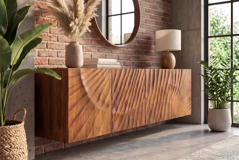 Buffet massif SCORPION 180cm marron suspendu en manguier avec sculptures 3D