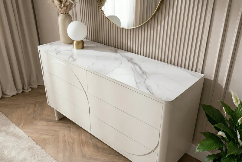Buffet design SAVOY 150cm céramique marbre blanc cachemire avec six tiroirs