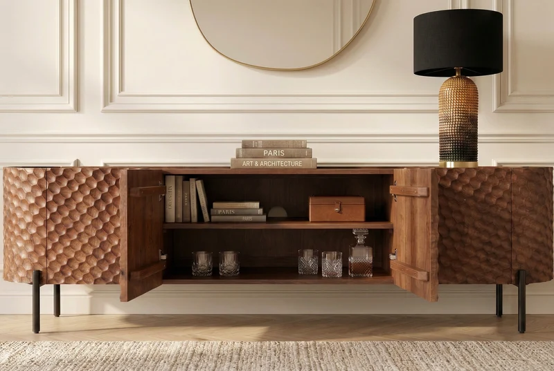 Meuble TV massif ADLON 200cm bois de manguier marron meuble bas métal noir avec façade 3D