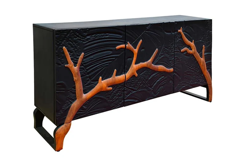 Buffet massif FOREST 160cm bois de manguier marron noir six compartiments façade 3D