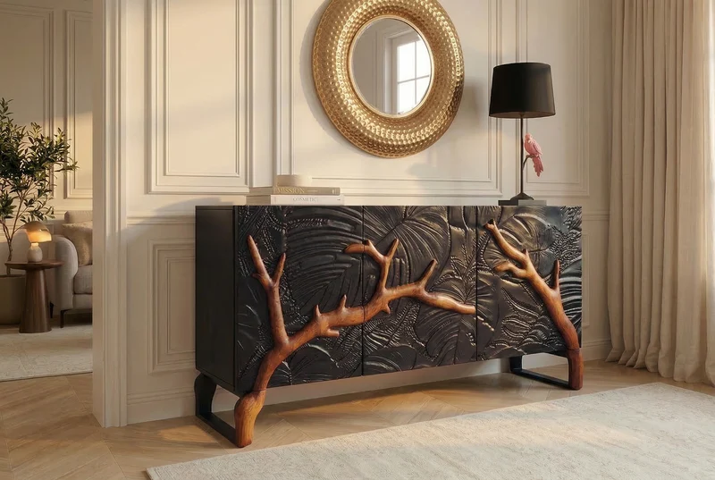 Buffet massif FOREST 160cm bois de manguier marron noir six compartiments façade 3D