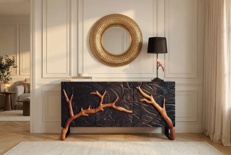 Buffet massif FOREST 160cm bois de manguier marron noir six compartiments façade 3D