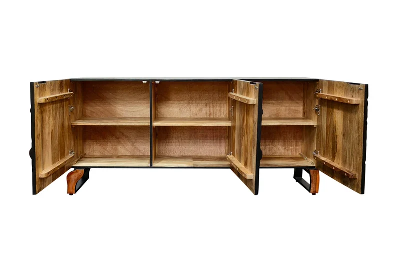 Buffet massif FOREST 160cm bois de manguier marron noir six compartiments façade 3D