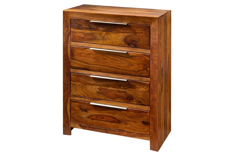 Commode en bois massif PURE 100cm finition pierre marron Sheesham avec quatre tiroirs
