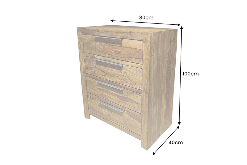 Commode en bois massif PURE 100cm finition pierre marron Sheesham avec quatre tiroirs