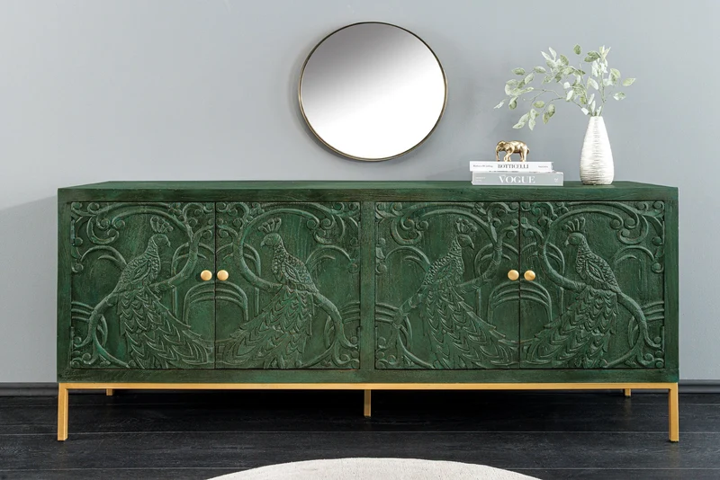 Buffet massif PEACOCK 175cm en bois de manguier vert antique sculpture 3D design paon