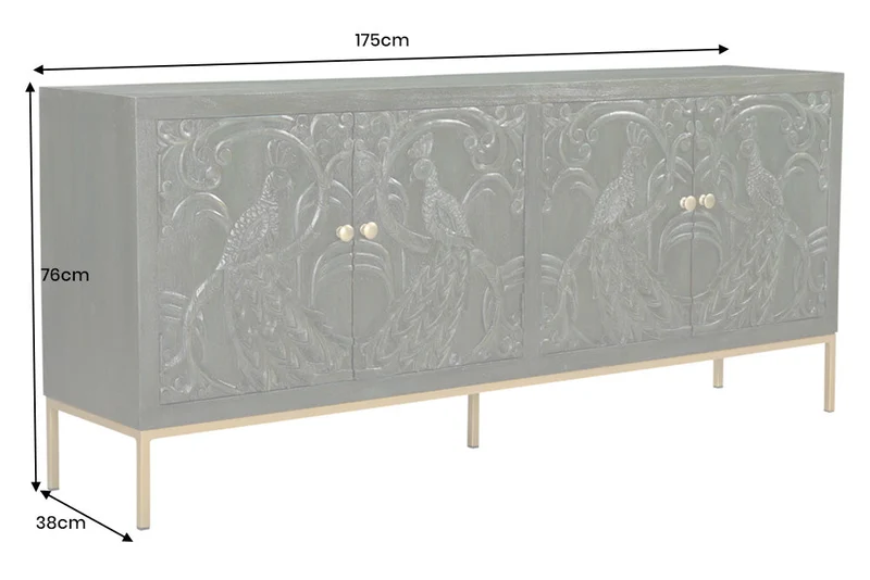 Buffet massif PEACOCK 175cm en bois de manguier vert antique sculpture 3D design paon