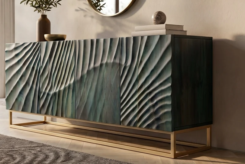 Buffet massif SCORPION 180cm bois de manguier turquoise métal doré sculptures 3D