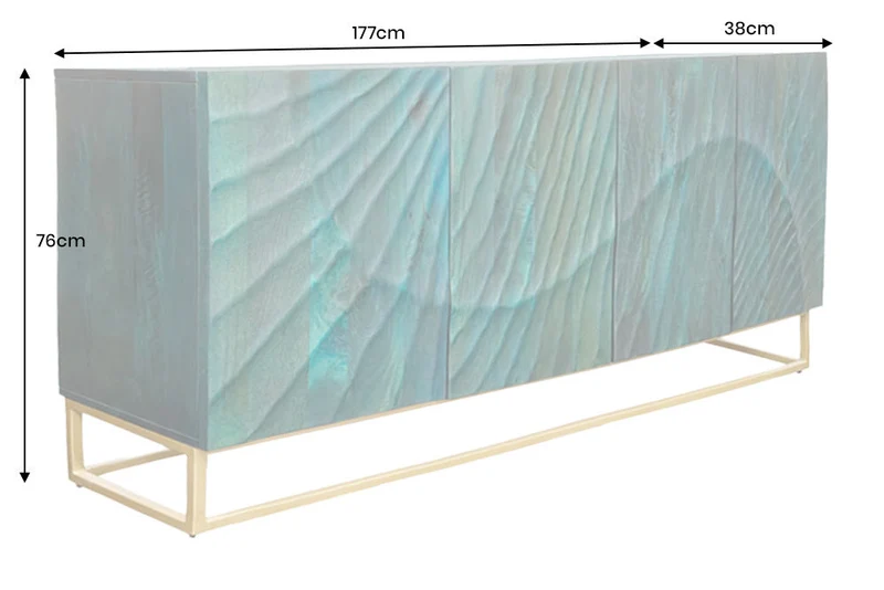 Buffet massif SCORPION 180cm bois de manguier turquoise métal doré sculptures 3D