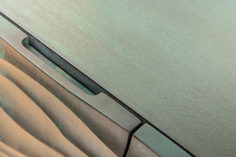 Buffet design WAVE 160cm bois de manguier turquoise bois massif pieds métal doré mat