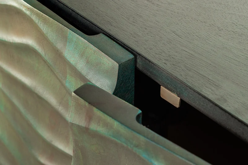 Buffet design WAVE 160cm bois de manguier turquoise bois massif pieds métal doré mat