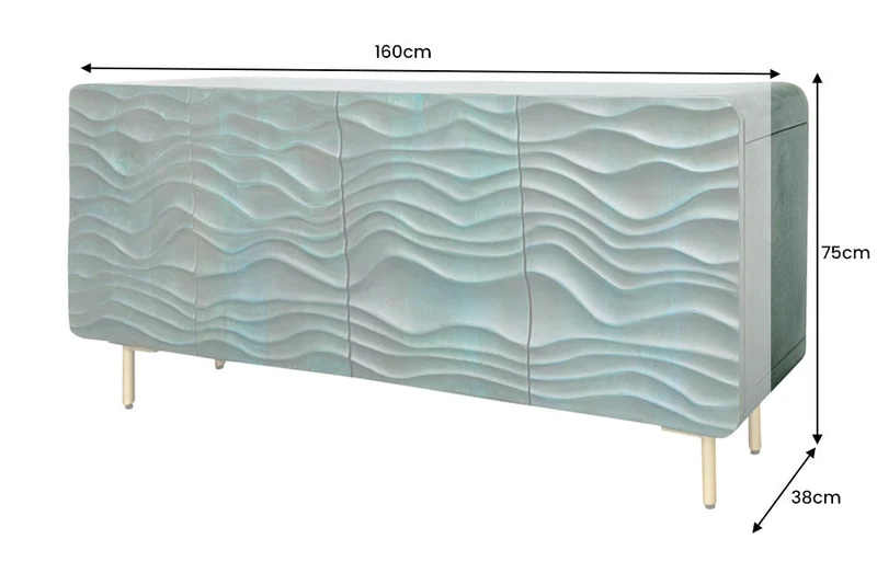 Buffet design WAVE 160cm bois de manguier turquoise bois massif pieds métal doré mat