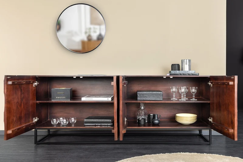 Buffet massif DUNE 175cm bois d’acacia marron noyer design 3D métal noir