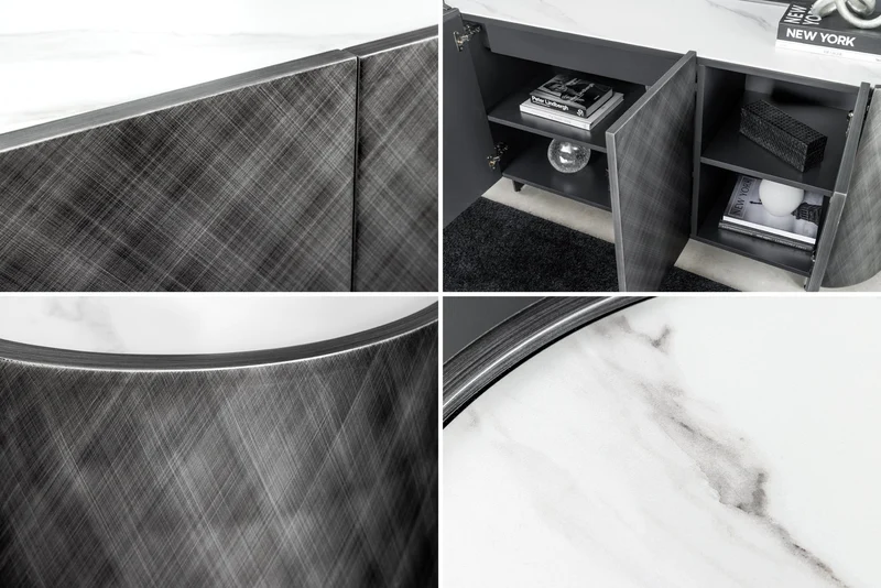 Buffet design REFLECTION 150cm marbre céramique blanc effet 3D anthracite finition brossée