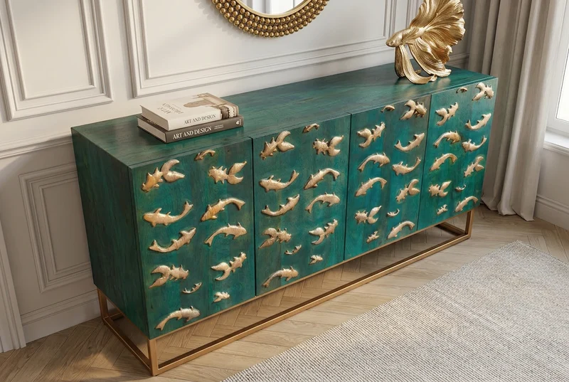 Buffet massif GOLDEN LAGOON 180cm turquoise doré bois de manguier métal façade 3D