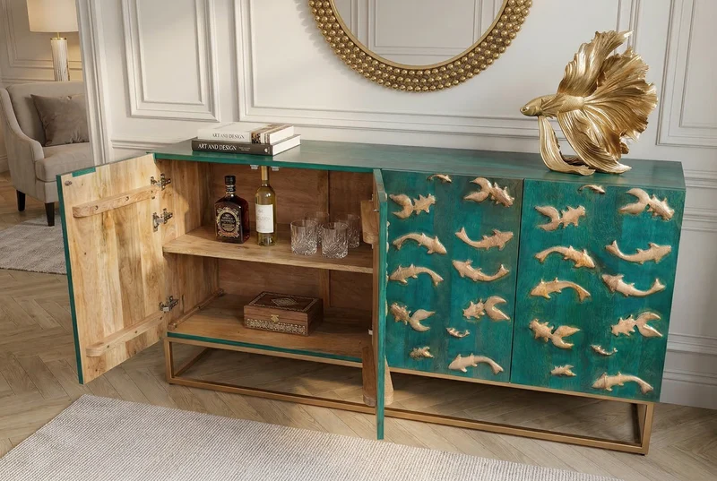Buffet massif GOLDEN LAGOON 180cm turquoise doré bois de manguier métal façade 3D