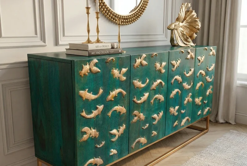 Buffet massif GOLDEN LAGOON 180cm turquoise doré bois de manguier métal façade 3D