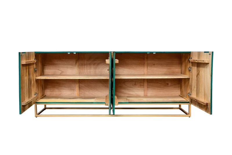 Buffet massif GOLDEN LAGOON 180cm turquoise doré bois de manguier métal façade 3D
