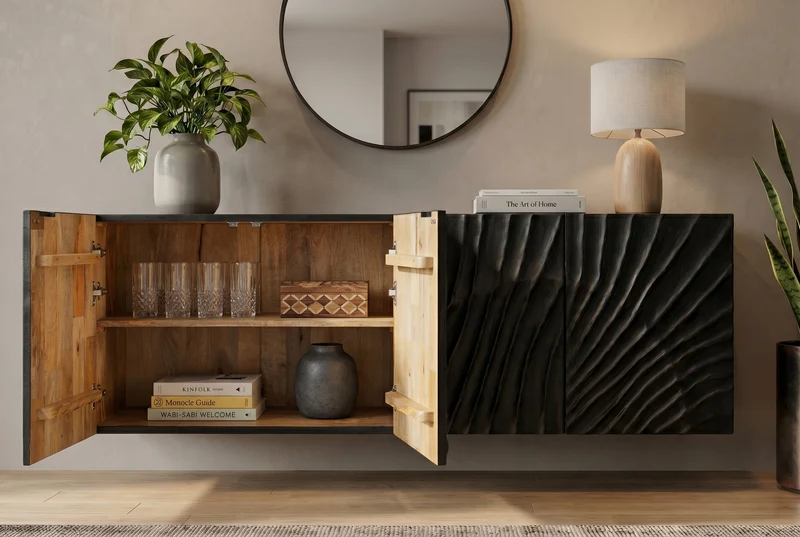 Buffet massif SCORPION 180cm noir suspendu en manguier design 3D