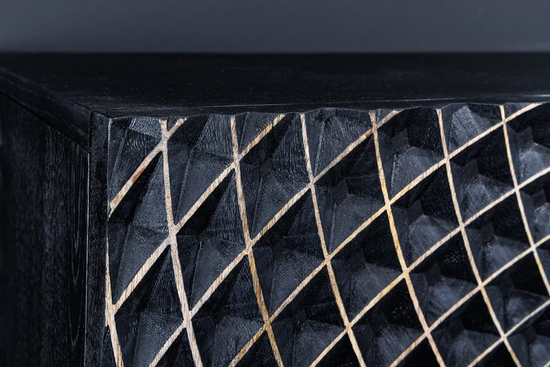Buffet design ILLUSION 180cm en bois de manguier massif noir avec sculptures 3D structure en métal fer doré
