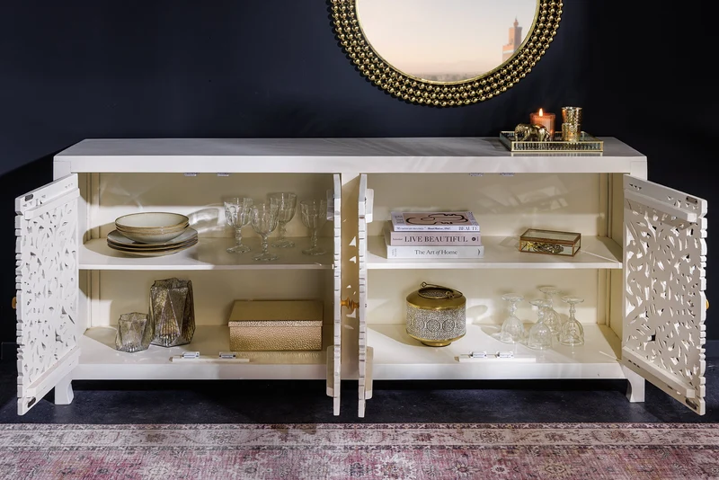 Buffet massif MARRAKESCH 170cm en manguier blanc avec décoration faite main
