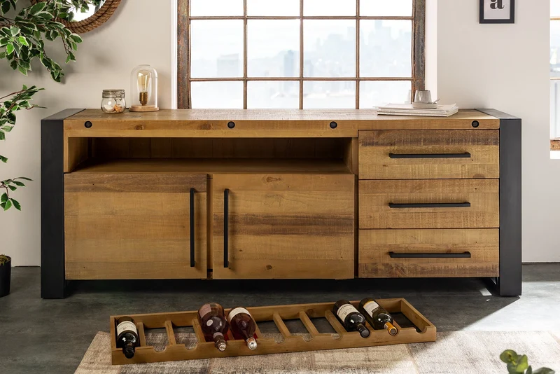 Buffet en bois massif THOR 195cm pin marron avec tiroirs casier à vin design industriel