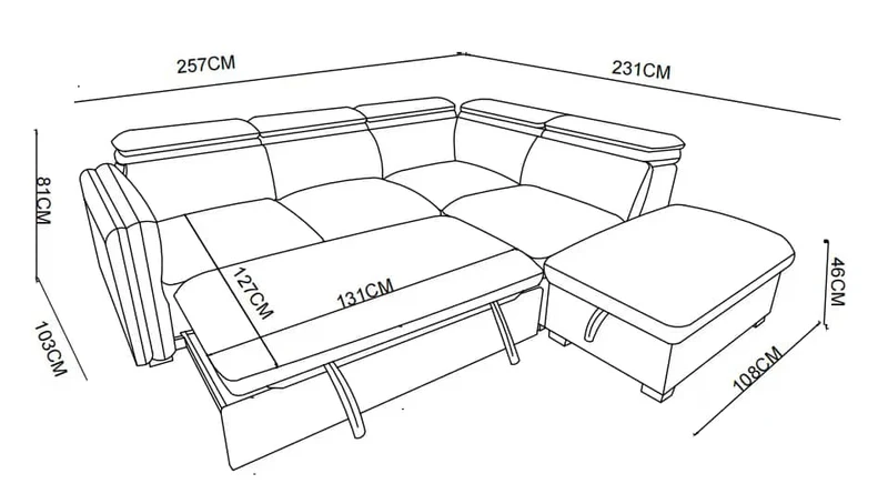 Canapé d'angle en tissu anti tache, 257x231xH81CM - YAEL