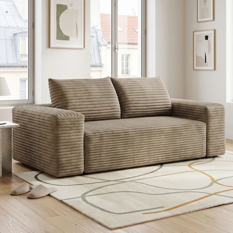 Canapé 2 places loveseat en velours côtelé camel sans montage 180cm MODERNCURTAINART