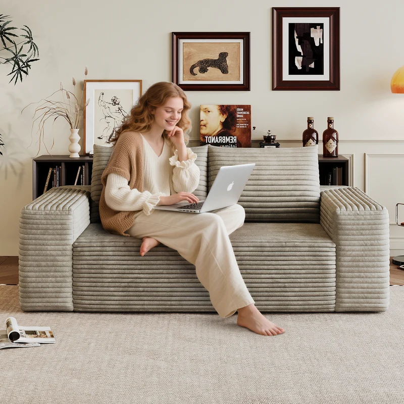 Canapé 2 places loveseat en velours côtelé camel sans montage 180cm MODERNCURTAINART