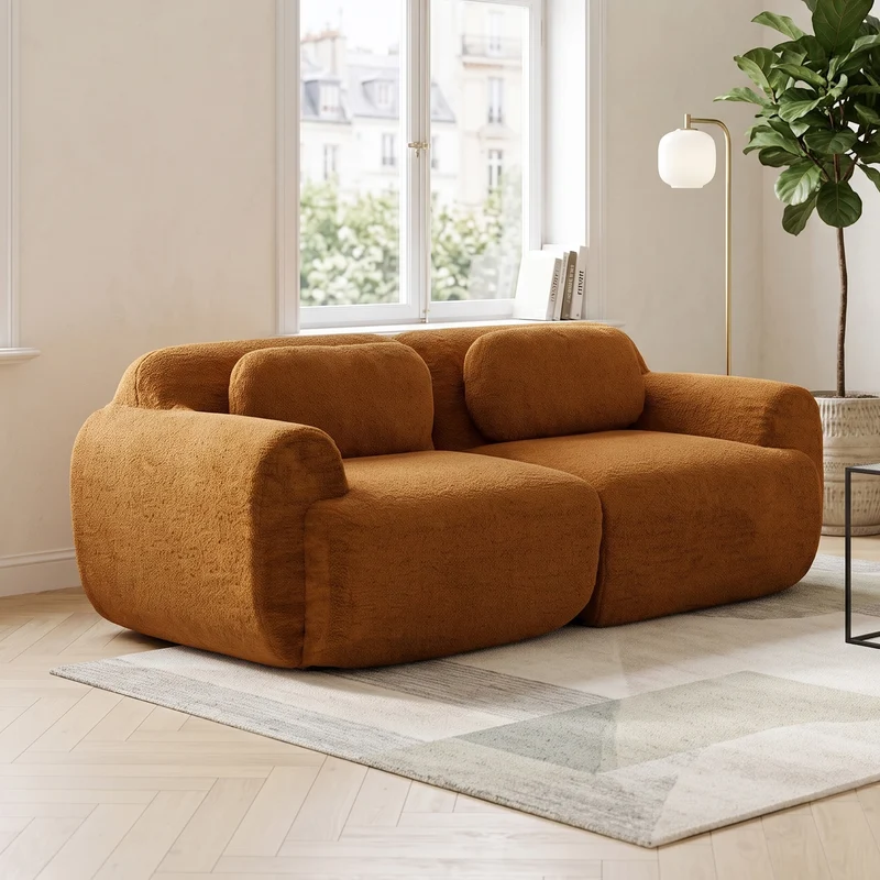 Canapé 2 places modulable en velours côtelé caramel et accoudoirs courbés, sans montage 189x91cm MODERNPLUS