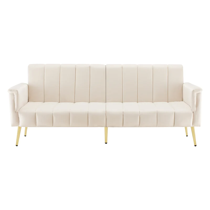 Canapé-lit 3 places convertible en velours beige 5 positions et pieds métal doré 183x76x75cm MODERNSTONEELITE