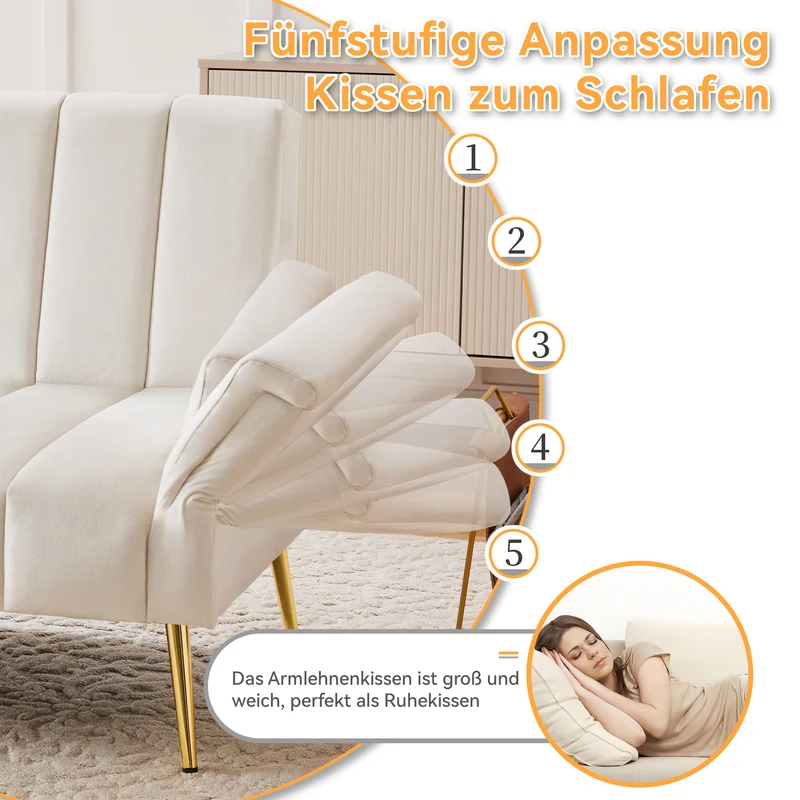 Canapé-lit 3 places convertible en velours beige 5 positions et pieds métal doré 183x76x75cm MODERNSTONEELITE