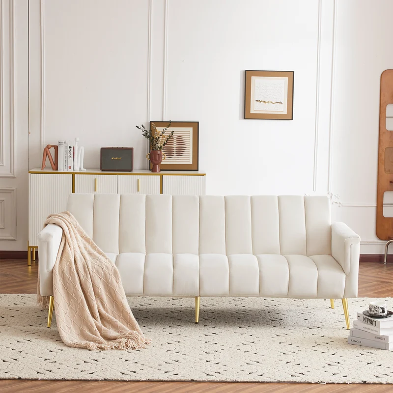 Canapé-lit 3 places convertible en velours beige 5 positions et pieds métal doré 183x76x75cm MODERNSTONEELITE