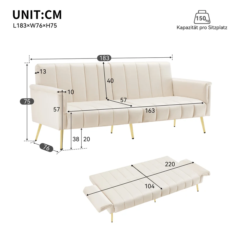 Canapé-lit 3 places convertible en velours beige 5 positions et pieds métal doré 183x76x75cm MODERNSTONEELITE