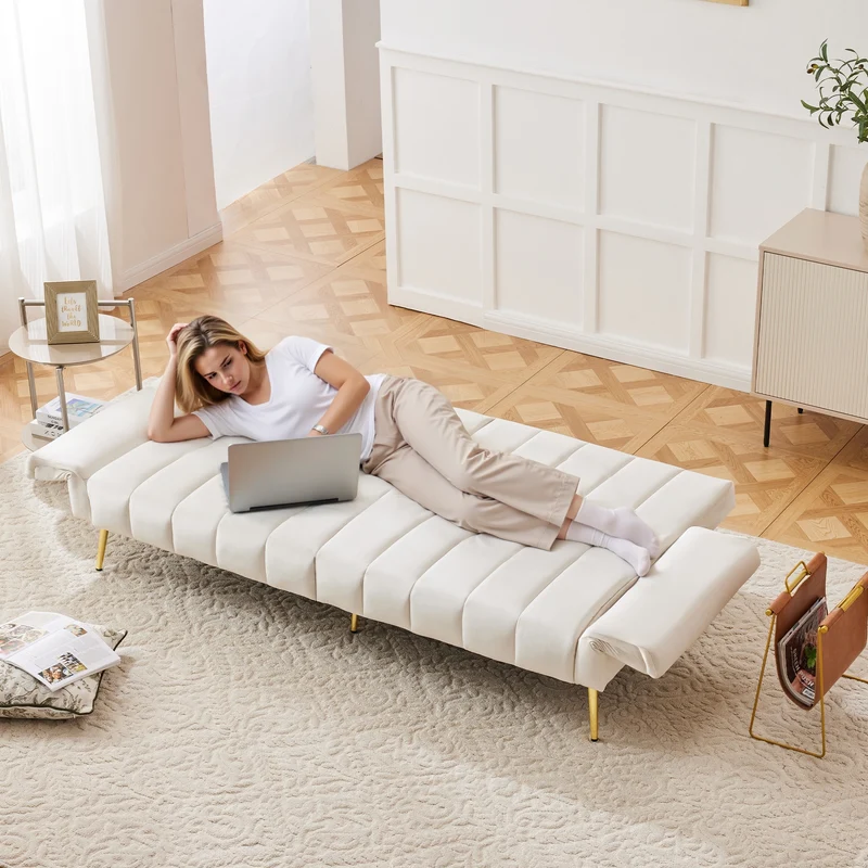 Canapé-lit 3 places convertible en velours beige 5 positions et pieds métal doré 183x76x75cm MODERNSTONEELITE