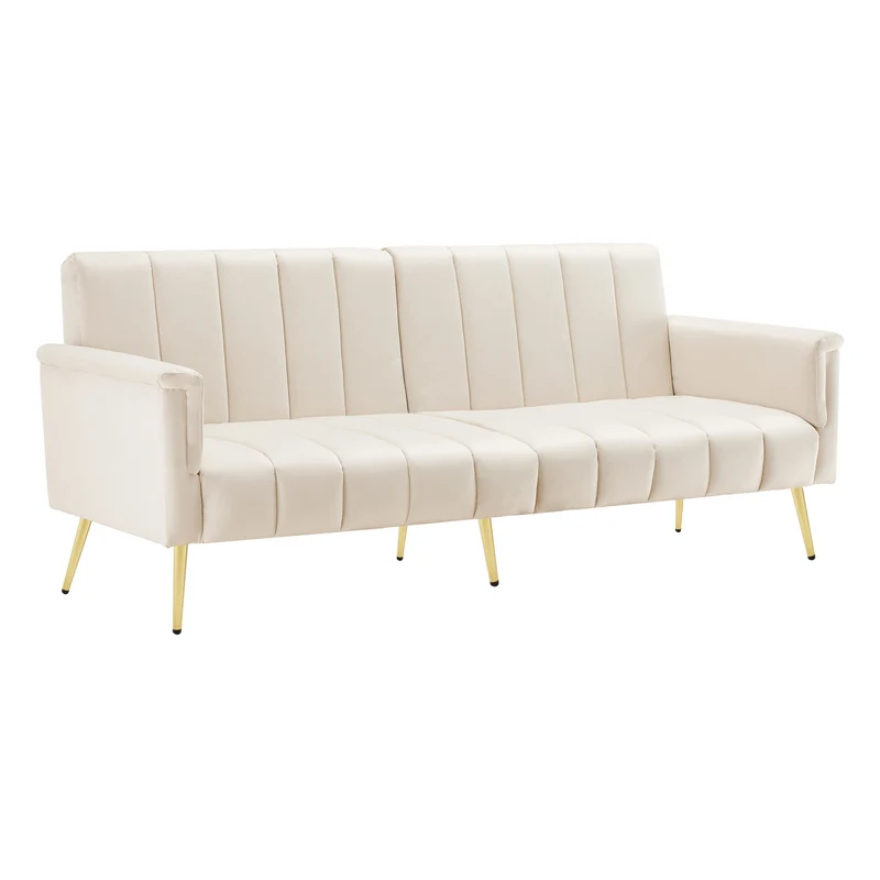 Canapé-lit 3 places convertible en velours beige 5 positions et pieds métal doré 183x76x75cm MODERNSTONEELITE